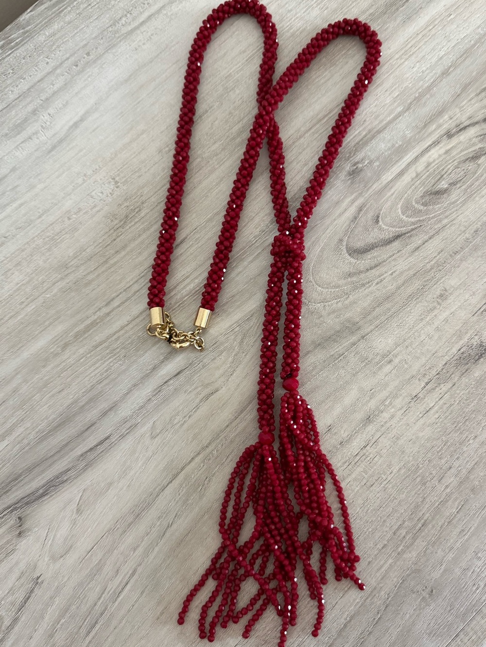 Talbots Red Beaded Tassel Necklace with Gold-Tone Accents